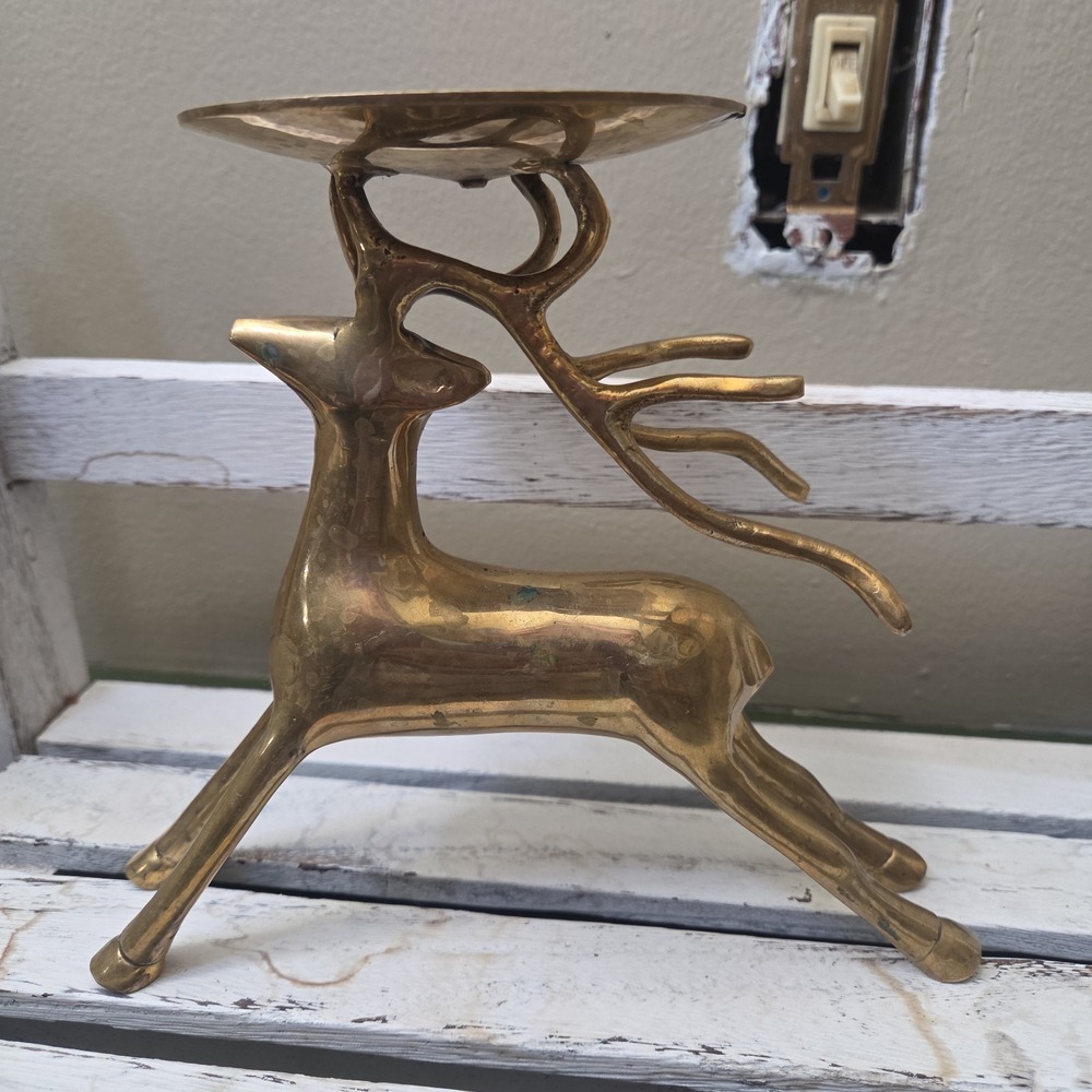 Vintage Brass Reindeer Column Candle Holder Gold Tone Original Patina Heavy